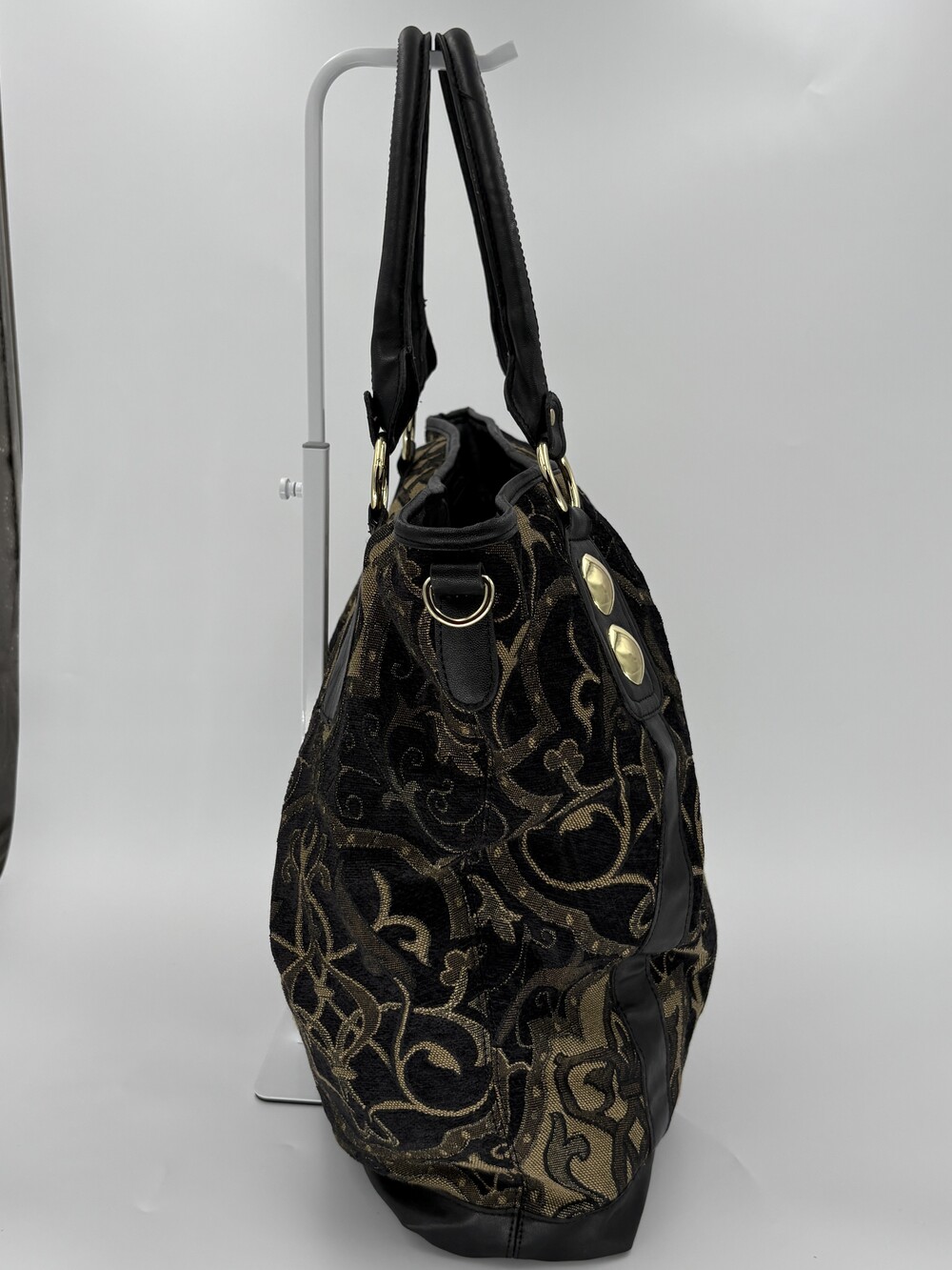 Baroque Tapestry Fleur De Lis Studded Tote Bag Black Gold Faux Leather - Picture 5 of 13